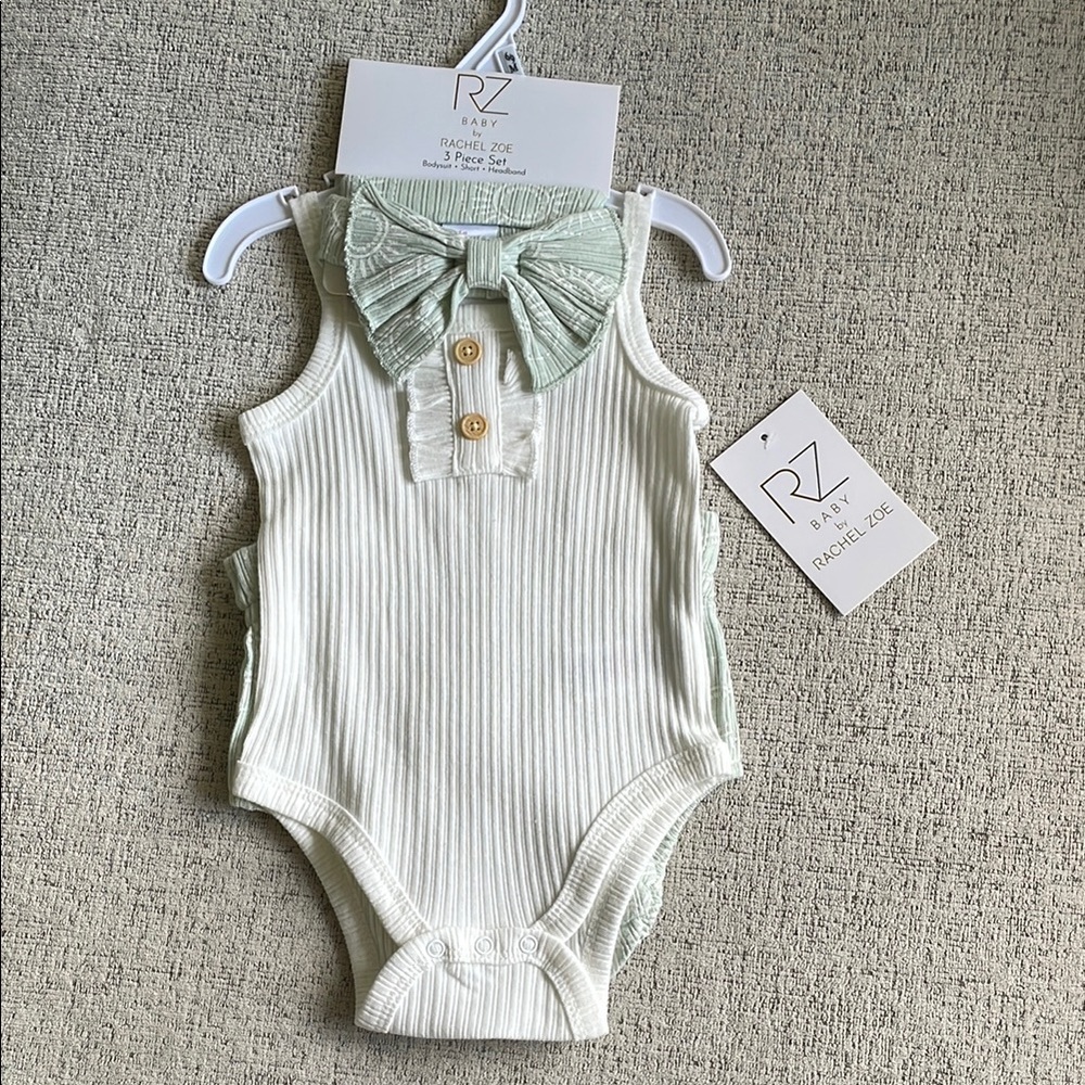 Rachel Zoe Baby White/Mint Sage Green Tank Bloomer Bow 3 Piece Set
